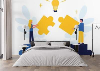 Business concept. Team metaphor. People connect puzzle elements. Flat illustration in flat design style. Teamwork, collaboration, partnership. Businessmen working together and moving towards success. Wall mural