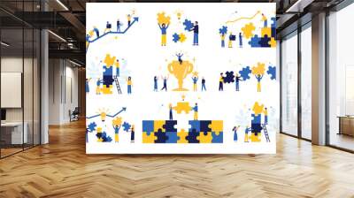 Business concept. Team metaphor. People connect puzzle elements. Flat illustration in flat design style. Teamwork, collaboration, partnership. Businessmen working together and moving towards success. Wall mural