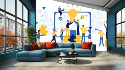 Business concept. Team metaphor. People connect puzzle elements. Flat illustration in flat design style. Teamwork, collaboration, partnership. Businessmen working together and moving towards success. Wall mural