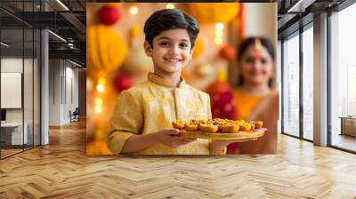 Smiling Indian boy in traditional attire holds a tray of sweets, offering them to family members during Diwali, with festive decorations and lights in the background Wall mural