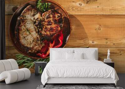 steak in a plate on a wooden background Wall mural