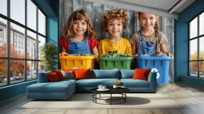 Three smiling children holding colorful recycling bins, emphasizing the importance of sustainability and environmental responsibility Wall mural