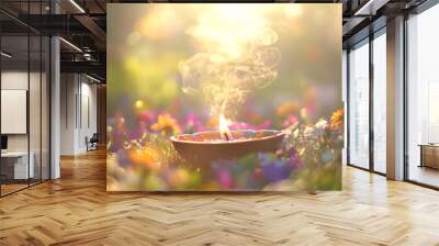 Traditional Indian background with diya lamp and colorful flowers. Hindu Puja. Festival Vishu celebration. Template with copy space for holiday Ugadi, Gudi Padwa, Diwali or Krishna Janmashtami Wall mural