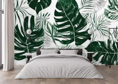 Tropical leaf line art background vector. Natural monstera palm leaves and orchid flower pattern design in minimal linear contour style. Design for fabric, print, cover, banner, decoration, wallpaper. Wall mural