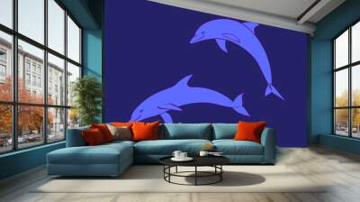 Two blue friendly dolphins. Vector cartoon cute marine animal illustration, isolated on navy background Wall mural