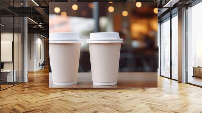 Two paper mugs on a table in a cafe, street coffee with a blurred background.  Design mockup layout for advertising a coffee shop, your brand, restaurant, coffee to go with space for text Wall mural