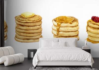 Watercolor clip art. Pancakes with different types of topping. Honey, raspberries, butter. Pancake Day. Wall mural