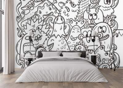 Vector hand drawn coloring pattern with funny fictional doodle monsters. Wall mural