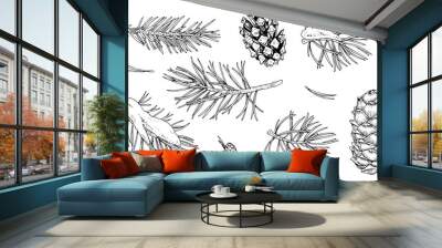 Vector set of Christmas plants on white background. A hand drawn collection of coniferous branches, including fir and pine with pinecones. The line art captures the spirit of winter Wall mural