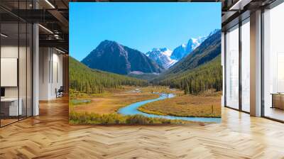 View of the blue mountain river, which has a source of snow-white peaks Wall mural