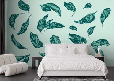 Vintage hand drawing apple tree leaf set. Vector foliage on blue background. Graphic grunge ink drawn illustration Wall mural