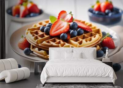 Waffles with syrup and berries on white plate white wooden table. Breakfast concept Wall mural