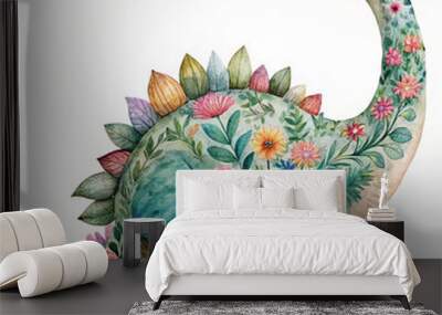 Whimsical dinosaur illustration featuring a floral pattern across its body, blending nature and fantasy in a vibrant watercolor style, showcasing creativity and imagination Wall mural