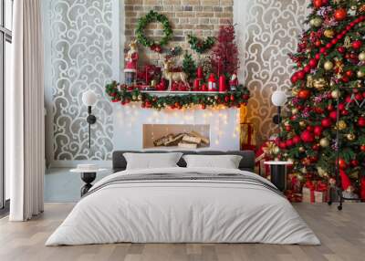 white room interior in red tones with new year tree decorated, present boxes and artificial fireplac Wall mural