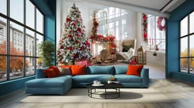 white room interior in red tones with new year tree decorated, present boxes and artificial fireplac Wall mural