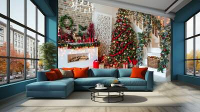 White room interior in red tones with New Year tree decorated, present boxes and artificial fireplace Wall mural