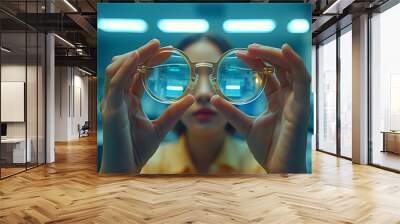 Woman holding glasses with transparent lenses, blurred background with blue light. Optometry and vision concept. Design for optical clinic advertisement or vision health blog Wall mural