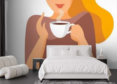 Woman with a cup of coffee. Flat style portrait.  Wall mural