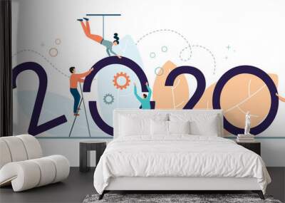 A successful business team builds its work in 2020. Business concept for 2020. Vector illustration in cartoon flat style. Wall mural