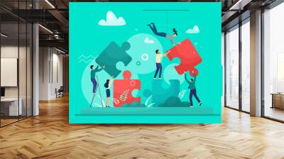 Business concept. People connecting puzzle elements. Symbol of teamwork, partnership, cooperation. Vector isolate on a white background in trend color. Wall mural