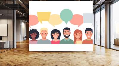 People avatars with speech bubbles. Communication of men and women, talking illustration. Team, conference, work, feedback. Vector illustration in flat style. Wall mural