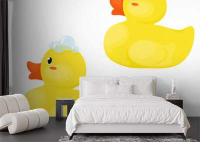 Rubber ducks in soapy foam and without foam. Vector isolates in cartoon flat style on a white background. Wall mural