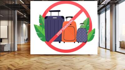 Stop traveling. Suitcases for travel in a forbidden sign. Vector symbol in cartoon style. Wall mural