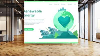 The concept of renewable energy from the sun and wind turbines. Landing page of green energy resources. Vector illustration in a flat style. Wall mural