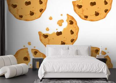 Traditional cookies with chocolate crisps. Bitten, broken, cookie crumbs. Vector illustration in cartoon flat style. Wall mural