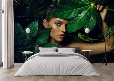 A beautiful tanned girl with natural make-up and wet hair stands in the jungle among exotic plants. Wall mural