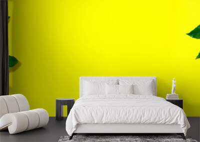 Bright yellow background with two exotic large leaves. Wall mural