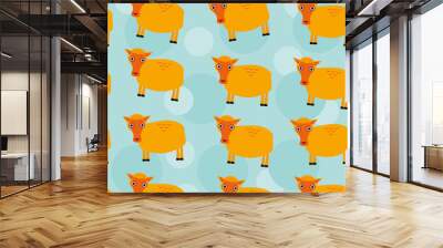 Seamless pattern with funny cute sheep animal on a blue backgrou Wall mural