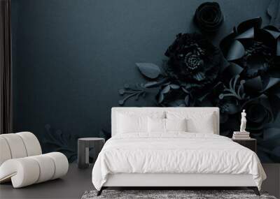 Black paper flowers on Black background. Cut from paper. Wall mural