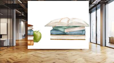 Set of books and green apple watercolor illustration isolated on white background. Open and stack of books clipart brown green colors. Vintage old textbooks and glasses watercolor hand drawn. Wall mural