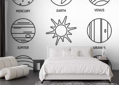 Solar system planets icon set in thin line style Wall mural