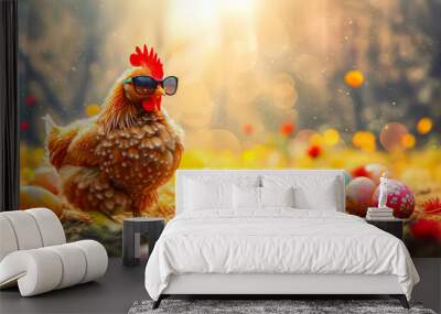 A funny hen with sunglasses sits between colored easter eggs in the nature. Easter concept Wall mural