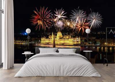 Fireworks over the Parliament in Budapest, Hungary Wall mural