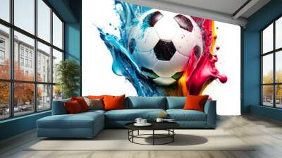 Football in colorful water splashes, on white background. Abstract white background with colored floating liquids and realistic soccer ball. Generative AI Wall mural