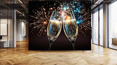 Two glasses of champagne sparkling wine with festive background. Valentines day, New Years, wedding, birthday, party celebrations. Generative ai Wall mural