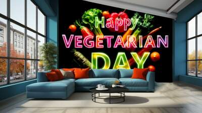 Vibrant ‘HAPPY VEGETARIAN DAY’ banner with colourful vegetables for health-conscious nutrition and advertising Wall mural