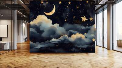 Seamless pattern of the night sky with gold foil constellations stars and clouds watercolor. Generative ai Wall mural