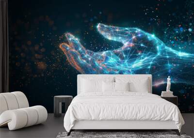 Digital hand hologram on dark background. Neural network connection. Communication with artificial intelligence. Wall mural