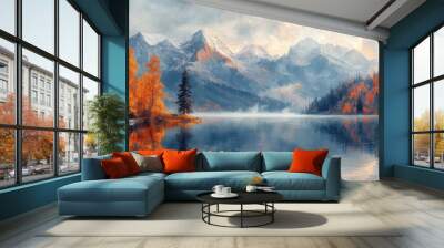 Illustration of majestic mountain landscape in autumn. Snow capped mountains in the background. Mountains and trees fall colors reflected in the water surface. Wall mural