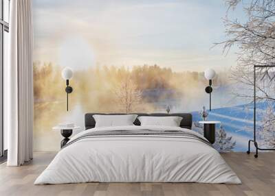 Mist over freezing river on a sunny cold winter day. Trees covered with frost and snow. Wall mural