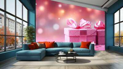 Pink gift boxes with pink ribbon and bow. Shallow depth of field, bokeh background. Wall mural