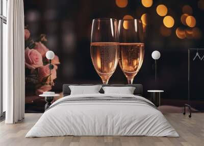 Two champagne glasses for romantic celebration at high fashion dining. Wall mural