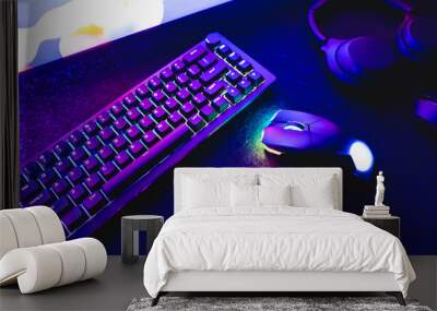 gamer work space concept, top view a gaming gear, mouse, keyboard, joystick, and headset Wall mural