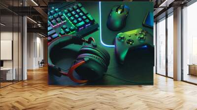 gamer work space concept, top view a gaming gear, mouse, keyboard, joystick, headset, mobile joystic Wall mural