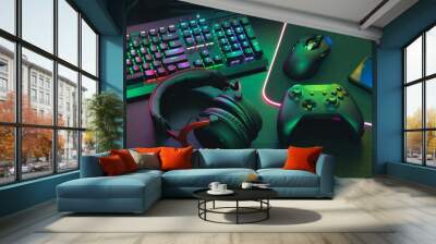 gamer work space concept, top view a gaming gear, mouse, keyboard, joystick, headset, mobile joystick, in ear headphone and mouse pad on black table background. Wall mural