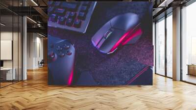 gamer work space concept, top view a gaming gear, mouse, keyboard, joystick, headset with rgb color Wall mural